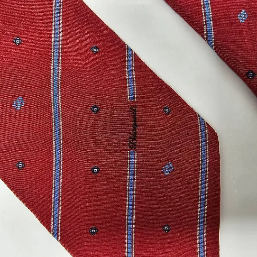 BISQUIT COGNAC VINTAGE SILK TIE RED BLUE LOGO STRIPE SATIN 3